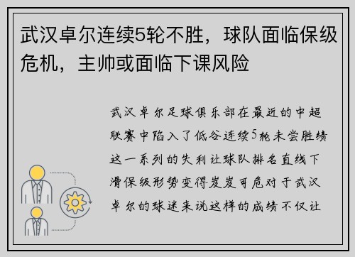 武汉卓尔连续5轮不胜，球队面临保级危机，主帅或面临下课风险